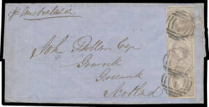 1858 outer to Scotland "pr Australasia" with Emblems 2d pale lilac SG 45 vertical pair (margins good to large except at left where a little shaved) & 2d grey-lilac SG 45a single (good even margins) tied by BN '1' of Melbourne (poor b/s), two different 'GR