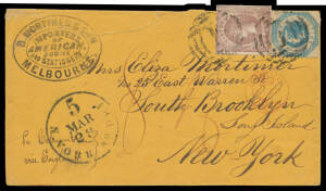 1860 mustard-coloured envelope to New York "Pr Columbian/via England" with Emblems 2d brown-lilac Horizontally Laid Paper SG 69 (folded over top of the envelope) plus Octagonal 1/-, very fine oval 'B MORTIMER & SON/...' cachet at upper-left (affected by a