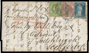 1860 entire to Scotland "p Emue [sic] SS/Via Marseilles" with Emblems 1d dull green SG 84 plus Rouletted 2d SG 69 & Queen on Throne Rouletted 6d SG 73, "killer" BN '1' & Melbourne b/s of AP24/60, British 'Insufficient Postage ("3")/Fine ("6")' & 'MORE/TO/