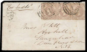 1861 cover to Scotland "Per Jeddo" with Emblems 2d brown-lilac Vertically Laid Paper SG 69a horizontal strip of 3, BN '1' & Melbourne b/s of JU20/61, Carlisle transit b/s of AU22/1861 & part 'SANQUHAR' arrival b/s, flap faults. Carried per "Jeddo", depart