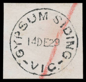 Gypsum Siding: 'GYPSUM SIDING/14DE29/VIC.' very fine strike on registered piece. Rated RRRR. RO c. -.4.1922; TO 9.2.1927; closed 31.10.1940. [Mallee: 24km SSE of Ouyen]