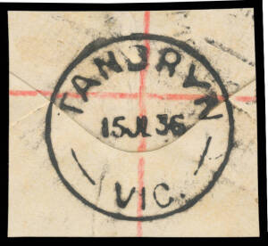 Tanybryn (2): 'TANBRYN/15JL36/VIC.' (spelling error) very fine strike on registered piece. Only three recorded examples. PO 1.7.1936; closed 30.11.1970. [Otways: 18km NNE of Apollo Bay]