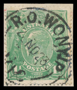 Wonyip: 'R.O. WONYIP/21NO23/VIC' (during Receiving Office period) superb but slightly enhanced strike on KGV 1½d green. Only a few datestamps have been recorded with the inscription 'R.O.' RO 5.11.1905; PO 1.7.1927; TO 16.2.1968; closed 30.6.1970. [Gippsl