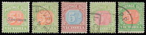 Exhibit pages with "Blue & Clarets" mint set plus &frac12;d quarter-sheet of 30, 1d corner block of 20, &frac12;d with 'Specimen.' h/s & 2d CTO, 1895-96 mint pairs to 1/-, 2/- x2 & 5/- x2 used, 1d & 5d with 'Specimen.' h/s and &frac12;d 2d 4d & 5d CTO, 1900-04 used set to 5/-