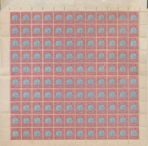 "Blue & Claret" &frac12;d complete sheet of 120 (12x10), "Red & Green" &frac12;d large-part sheet of 104 (no margins) and Crown/A &frac12;d almost-complete sheet of 118, some perf separation/rejoining, large-part o.g. with most units being unmounted. Rare survivors. (3 items)
