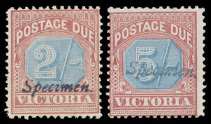 1890-94 Blue & Claret &frac12;d to 5/- SG D1-10 plus &frac12;d to 4d printings in deep blue & bright claret, all with 'Specimen.' Handstamp (McCredie & Kellow Type 24b) BW #VD1x-10x, several without gum but the 5/- is very fine with large-part o.g., Cat $1040 (&pound;475++).