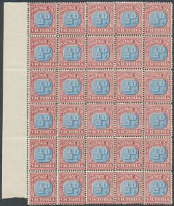 1890-94 Blue & Claret ½d blue & claret BW #VD1 (SG D1) marginal block of 30 [L37-41/97-101] from the left of the sheet, most units unmounted, Cat $750+ (£240++).