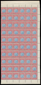 1890-94 Blue & Claret ½d deep blue & bright claret with the Watermark Inverted BW #VD1Ba (SG D1a) half-sheet of 60 [7-12/115-120] with margins on three sides, a little fragile, full unmounted o.g., Cat $1500+ (£360++). A rare survivor.