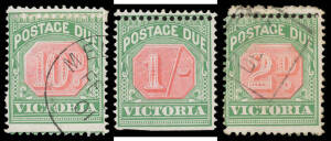 1895-96 New Colours Double Single-Line Perforations affecting 1d at top of horizontal pair (unused), 4d at base of horizontal pair (used), 10d at top (CTO !), 1/- at top & knife-cut at base (unused) & 2/- at top (used). A rare group. [The ACSC lists doubl