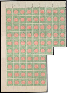 1895-96 New Colours ½d rosine & bluish green with the Watermark Inverted BW #VD11Aa (SG D11) part-sheet of 76 (9x10, with an irregular block of 14 removed from the lower-right), virtually full o.g. with most (all ?) units unmounted, Cat $1500+ (£1400++). 