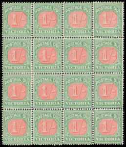 1895-96 New Colours 1/- rosine & bluish green BW #VD18 (SG D18) block of 16 [57-60/93-96], minor perf separation/rejoining, large-part o.g. with seven units unmounted, Cat $735+ (&pound;380++). A rare block. [With plating guide]