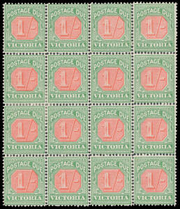 1895-96 New Colours 1/- rosine & bluish green BW #VD18 (SG D18) block of 16 [57-60/93-96], minor perf separation/rejoining, large-part o.g. with seven units unmounted, Cat $735+ (£380++). A rare block. [With plating guide]