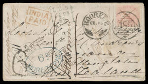 1868 cover from India to New Zealand with 8a pale rose (faded) tied by 'ROORKEE/DE19 - 185' duplex, hexagonal 'MEERUT' b/s in red, 'TRAVELLER POST OFFICE/ 1 /DE21/68/NWP' b/s in blue, Bombay b/s & boxed 'INDIA/PAID' h/s both in red, New Zealand 'DUNEDIN/F