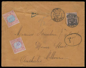 1891 commercial covers with scarce "Blue & Claret" Postage Due frankings 1) from Italy with 4d; 2) from GB with 5d; and 3) from France with 6d & 1d; all manuscript-cancelled, a few faults, Cat $400, $500 & $600 on cover respectively. (3)