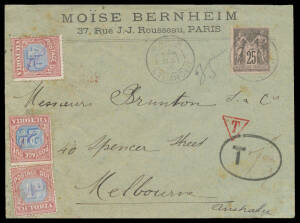 1891 advertising cover from France with 25c black/rose tied by 'PARIS/ETRANGER' cds, apparently overweight with the postage deficiency "25" noted alongside but, understandably, mis-read as "35" so taxed 7d on arrival with "Blue & Claret" 1d 2d & 4d manusc