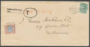 1891 cover from Hobart with 'Deficient Postage ("2d")/Fine...("2d - 4d to pay")' handstamp overstruck with Melbourne 'T__'-in-oval h/s, "Blue & Claret" 4d tied by 'LC2' datestamp, slightly reduced at left.