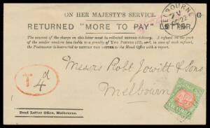 1892 (Mar 2) blue & 1896 (Oct 22) cream 'RETURNED MORE TO PAY LETTER' envelopes with 'T ("2d")' or 'T ("4d") handstamp in purple or red and "Blue & Claret" 2d or "Red & Green" 4d tied by boxed 'LC2' datestamp the first with minor soiling, both with repair