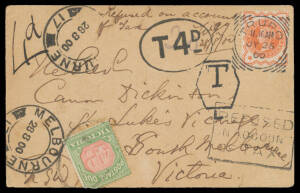 1900 plain postcard from Cornwall with QV &frac12;d orange only tied by 'TRURO' squared-circle, various tax markings & Postage Due 4d affixed & tied by light 'T---' h/s, boxed 'REFUSED/ON ACCOUNT/OF TAX' h/s at lower-right & 'DEAD LETTER OFFICE/MELBOURNE' b/s in