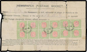 1901 'NEWSPAPER POSTAGE DOCKET' - with 'NEWSPAPER' scored-out - for collection of postage due of &pound;6/13/6d from the Education Department (noted in pencil at the top) satisfied by 5/- blocks of 4 & 8 on the face plus - on the reverse - further 5/- blocks of