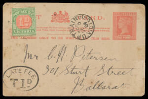 1904 usage of pre-1901 1d Postal Card invalid because inscribed 'STAMP DUTY' so uncancelled but with 'UP TRAIN/ MG 11 /SE3/04/VICTORIA' cds on the face & a largely superb strike of the very rare 'LATE FEE/ T1D ' handstamp struck aboard the train (not prev