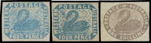 1854-55 Lithographs 4d pale blue, 4d blue (thinned) & 1/- grey-brown (close at right) SG 3 3a & 4b, full margins, unused, Cat £1475.