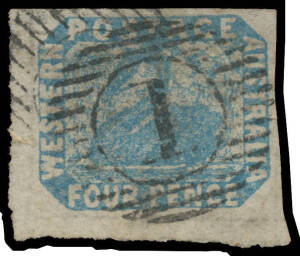 1854-55 Lithographs 4d blue SG 3a a huge lower-left corner example [221, with Dent on Inside of Right-Hand Leg of 'W' of 'WESTERN'], margins good to very large, bold 15-bars '1' cancel of Perth, Cat &pound;250+.