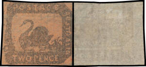 1857-59 Hillman Lithographs Imperf 2d brown-black/red Printed on Both Sides (Upright Relative to the Front) SG 15a additionally with Major Damaged Transfer ('WESTERN' Largely Missing), margins just shaved to good, unused, Cat &pound;9000. A great rarity. [The f