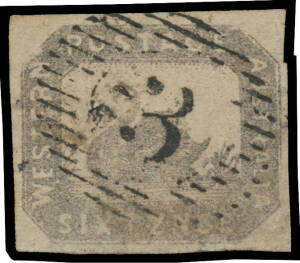 1857-59 Hillman Lithographs Imperf 6d grey-black SG 19 [Beakless Swan], an unusually large example with good even margins, a couple of insignificant stains, 15-bars '3' cancel of Perth, Cat &pound;550+.