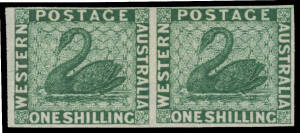 1861 Printed by Perkins Bacon 1/- horizontal plate proof pair in deep green with the Watermark Sideways, a gorgeous rich shade, margins close to large. Rare. [A similar pair with good even margins sold at the Prestige auction of 11.5.2012 for for $2300]