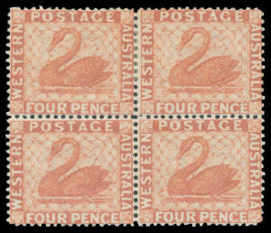 1888 New Colours 4d brown-red SG 105 block of 4, large-part o.g. with the lower units being unmounted, Cat &pound;320++ (mounted).