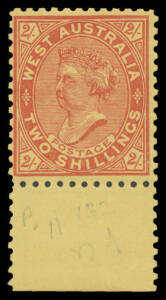 1902-12 V/Crown Perf 11 2/- brownish red/yellow with the Watermark Inverted BW #W60Aa (SG 134var) marginal example from the base of the sheet, unmounted, Cat $400+ (£300+) mounted.