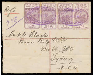 1897 front to Sydney with rare albeit philatelic franking of Internal Revenue 1d 3d 6d & 1/- (Cat £53 x10+ on cover) and two very fine strikes of the oval 'REGISTERED LETTER BRANCH/21FEB1897/POST OFFICE, ALBANY, WA' d/s in violet, horizontal fold at the b