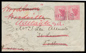 POSTMARKS: 15-bars '10' & 'BRIDGETOWN/AP23/94/WA' cds both light but obvious strikes on cover to "Portland/Victoria" where redirected to South Australia with seven backstamps, minor blemishes. Not included in the Pope & Reynolds Census of ten covers. This