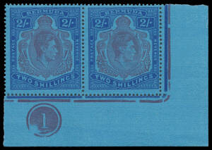 BERMUDA: Ordinary Paper 2/- purple & deep blue/bright blue SG 116d Plate Number '1' pair from the lower-right of the sheet [59-60], the first unit with Upper-Right Scroll Retouched, the second unit with Gash in Chin SG 116de, unmounted, Cat &pound;850++. RPSofL