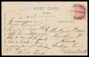 1908 Fijian PPC to Queensland with 'SS SUVA' ship's h/s above the message & posted from Sydney.