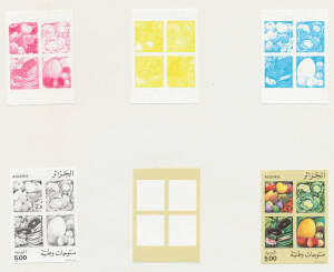 ALGERIA: 1989 Fruit & Vegetables complete set of imperforate colour separations for the three denominations affixed to two pages from the printer's records. Ex Courvoisier Archives. (18 proofs)