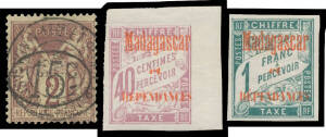 MADAGASCAR: Clean if modest collection with better items 1896 '15'-in-Oval on 2c SG 30 used, 1896-97 Postage Dues 40c & 1fr SG D21 & 23 mint, and 1943 'FRANCE/LIBRE' Overprints on Airs set mint. (250+)