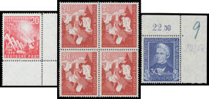 WEST GERMANY: 1949-57 "European quality" group comprising 1949 Parliament, Stamp Centenary, UPU & Relief Fund, 1950 Bach, 1952 Museum, 1953 IFRABA, 1954 Relief Fund & 1956-57 Heuss 30pf to 90pf, also blocks of 4 comprising 1952 Youth Hostels, 1955 Lechfel