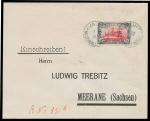 MARSHALL ISLANDS: 1907 philatelic cover to Saxony with a superb 5mk Yacht Mi 25 (Cat &euro;900 on a philatelic cover) tied by two very fine strikes of the 'JALUIT' cds, manuscript "R No 831 d", superb 'MEERANE' arrival b/s. Ronald Steuer Certificate (2005).