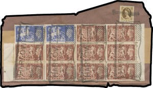 1950s-60s group of airmail parcel pieces to Australia including with Festival 10/- x2 & &pound;1 block of 10 tied by four superb strikes of the huge 'HARROW/ESSEX - PARCEL/POST/10SEP54' datestamp; impressive box-lid (470x360mm) with Wildings 1/- blocks of 12 & 