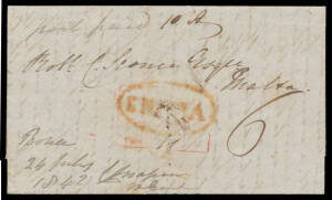 1842 (May 9) lengthy & largely cross-written entire letter to Malta (!) endorsed "post paid 10 As" with faint Bombay (?) Paid h/s - affected by small surface fault - overstruck with 'INDIA'-in-oval h/s both in red. A remarkable origin/destination item.