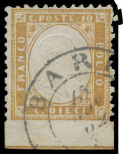 1862 Embossed 10c bistre as Sassone #1 but Imperforate at the Base #1i with Coloured Line at the Base, superb 'BARI/15/NOV/62' cds, Cat &euro;4500. RPSofL Certificate (1982).