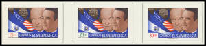 EL SALVADOR: 1959 Visit of President Lemus to the United States complete set of imperforate colour separations for the six denominations with Small Figures of Value, affixed to two pages from the printer's records. Ex Courvoisier Archives. (30 proofs)