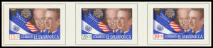 EL SALVADOR: 1959 Visit of President Lemus to the United States complete set of imperforate colour separations for the six denominations with Large Figures of Value, affixed to two pages from the printer's records. Ex Courvoisier Archives. (30 proofs)