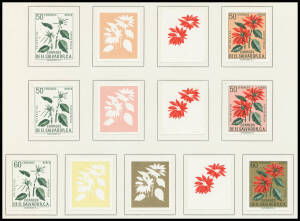 EL SALVADOR: 1960 Christmas (Flowers) complete set of imperforate colour separations for the eight standard denominations plus the 40c & 60c that were issued only in miniature sheet format, affixed to eight pages from the printer's records. Ex Courvoisier