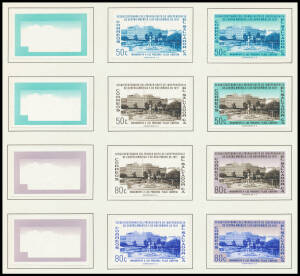 EL SALVADOR: 1961 150th Anniversary of Independence (SG 1154-63) complete set of imperforate colour separations for the ten denominations, affixed to five pages from the printer's records. Ex Courvoisier Archives. (60 proofs)