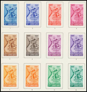 VENEZUELA: 1950 450th Anniversary of the Discovery of Lake Maracaibo complete set of imperforate colour trials for the Postage & Air Mail sets, affixed to three pages from the printer's records. A beautiful series. Ex Courvoisier Archives. (34 proofs)
