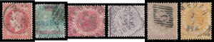 Very fine 'NEBONG/[crown]/T[IB]AL' on CA 2c rose, superb 'S'-in-bars of Sarawak on CC 6c lilac, very fine 'MEDAN' (Dutch indies) on CA 8c orange, very fine 'PENANG' cds on French 80c, fine 'NI POSTAGENT PENANG' squared-circle on CA 6c lilac, etc, also a f