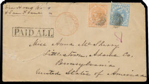 1873 cover to Pennsylvania "via Hong Kong/& San Francisco" with 8c orange & 12c blue tied by small bars "killer" (Proud #K17), very fine 24mm 'SINGAPORE/MR28/73/PAID' cds in red & superb strike of the boxed 'PAID ALL' Postal Convention h/s (#PD2; rated 50
