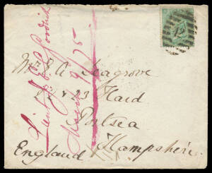 1875 (Jan) flapless cover to Hampshire with GB 1/- green tied by '42'-in-diamond-&-bars cancel of the London Foreign Branch, docketed on the face "Lieut JEC Goodrich", minor blemishes. Lieut Goodrich was serving on the battleship HMS "Audacious" at Penang